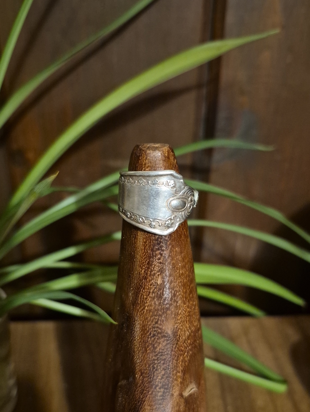 Silver Tone Spoon Ring with Ornate Scroll Detail - Silver